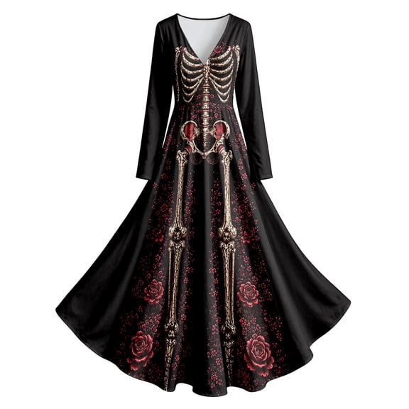Huowey Women Halloween Witch Gothic Skeleton Dresses Flowy Elegant Cosplay Party Gown Long Sleeve V-Neck Soft Photo Dress,,S