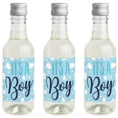 It's a Boy - Mini Wine and Champagne Bottle Label Stickers - Blue Baby Shower Favor Gift for Women and Men - Set of 16