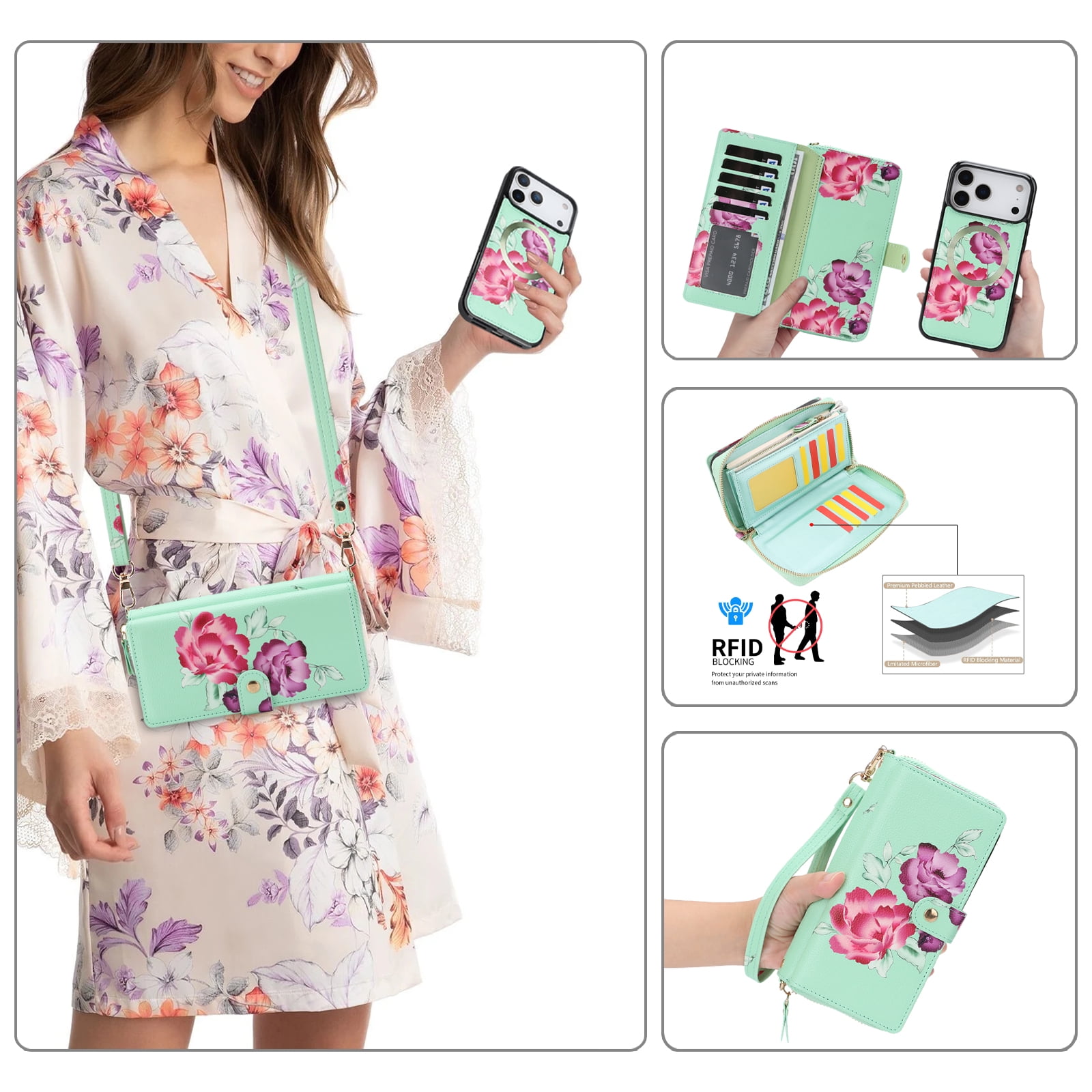 TECH CIRCLE 2-in-1 Wallet Case for iPhone 17 Air (6.5", 2025), Detachable Magnetic Back Cover, Flip Flower Phone Case with 15 Card Slots, Zipper Pocket, Crossbody Strap, Wrist Strap, Green