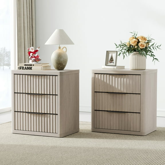 SICOTAS 26"H 3 Drawer Nightstands Set 2, Small Modern Wood Bedside Table with 3 Fluted Drawers & Black Handles, Chest of Drawers, End Table for Bedroom Living Room Entryway, Light Grey Alder