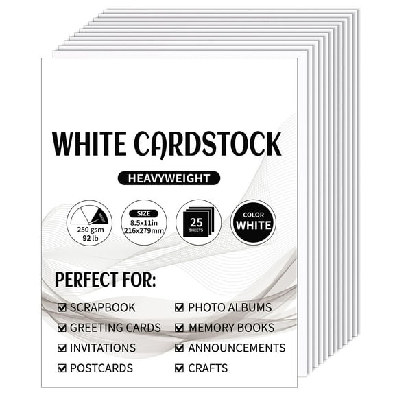 Premium 250gsm White Cardstock Sheets, 8.5 by 11 Inches 92lb Thick Paper for Laser Inkjet Printers, Scrapbook, Invitations, Menus, 25 Pack