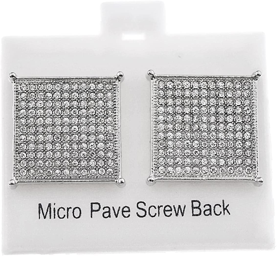 Big 20 mm Square Hip Hop Earrings Iced Silver Finish 4 Prong Screw Back Micro Pave 11 Rows
