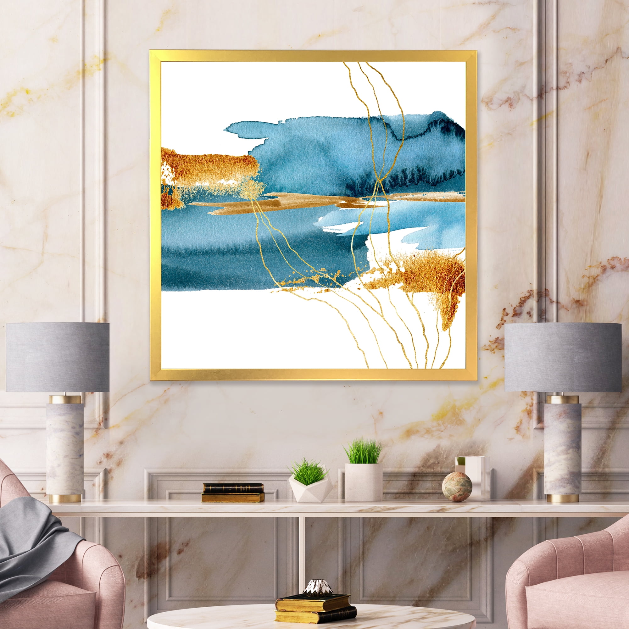 Designart 'Golden Laminaria Branch With Blue Underwater Plant' Modern Framed Art Print