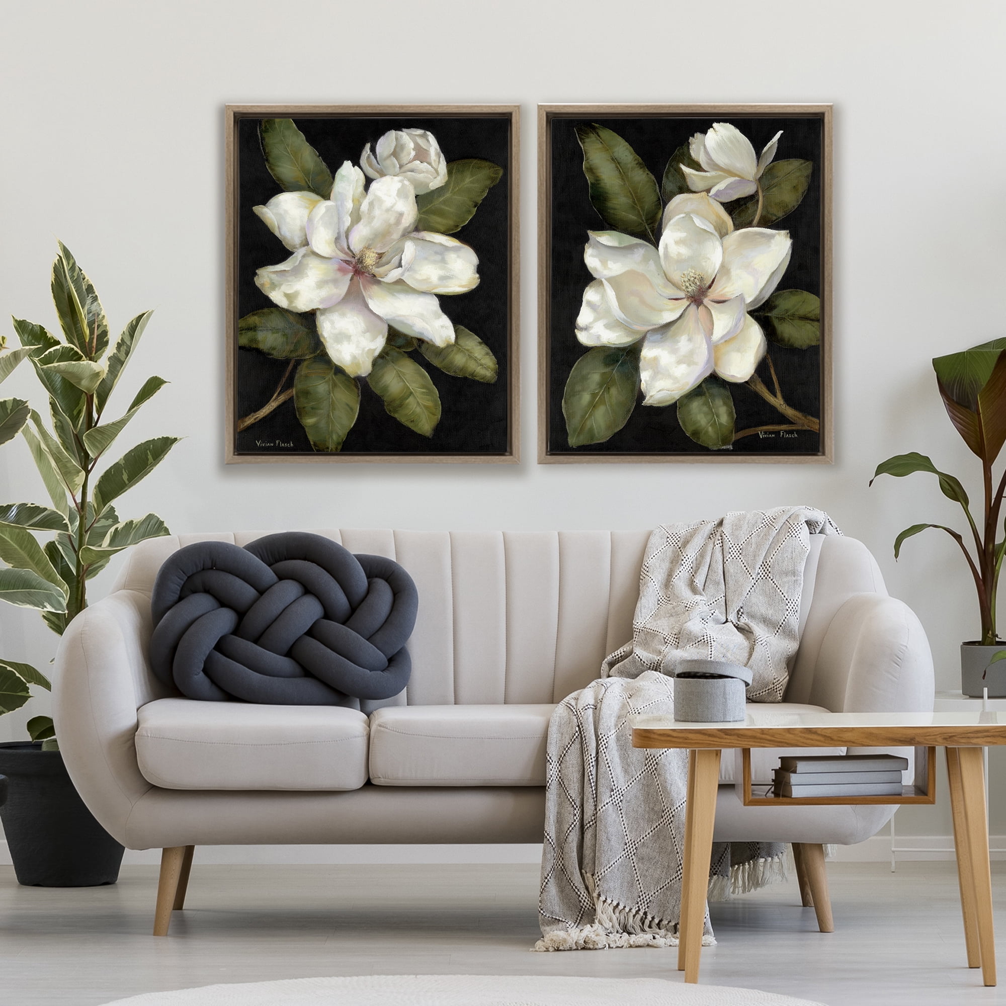 Stupell Industries Magnolia Buds & Blooms 2 Piece Brown Framed Floater Canvas Set, design by Nan