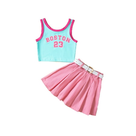 

aturustex 1T 2T 3T 4T 5T 6T Toddler Girls Skirt Sets Letter Sleeveless Causal Vest + Pleated Skirts with Belt Kids 2pcs Clothes