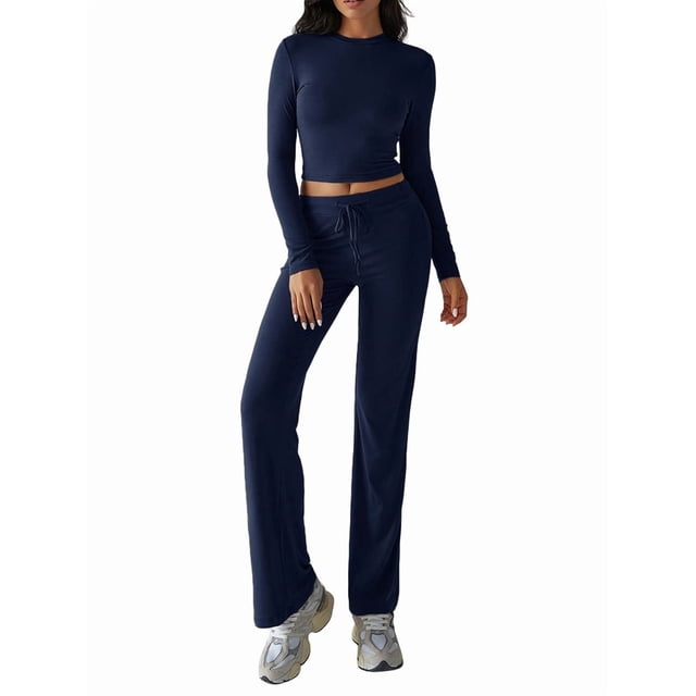 Conjuntos de 2 Piezas para Mujer, Larga, Cuello Redondo, Pantalones Acampanados de Cintura Alta, Conjuntos de Chándal, Ropa de Calle. Azul Marino L