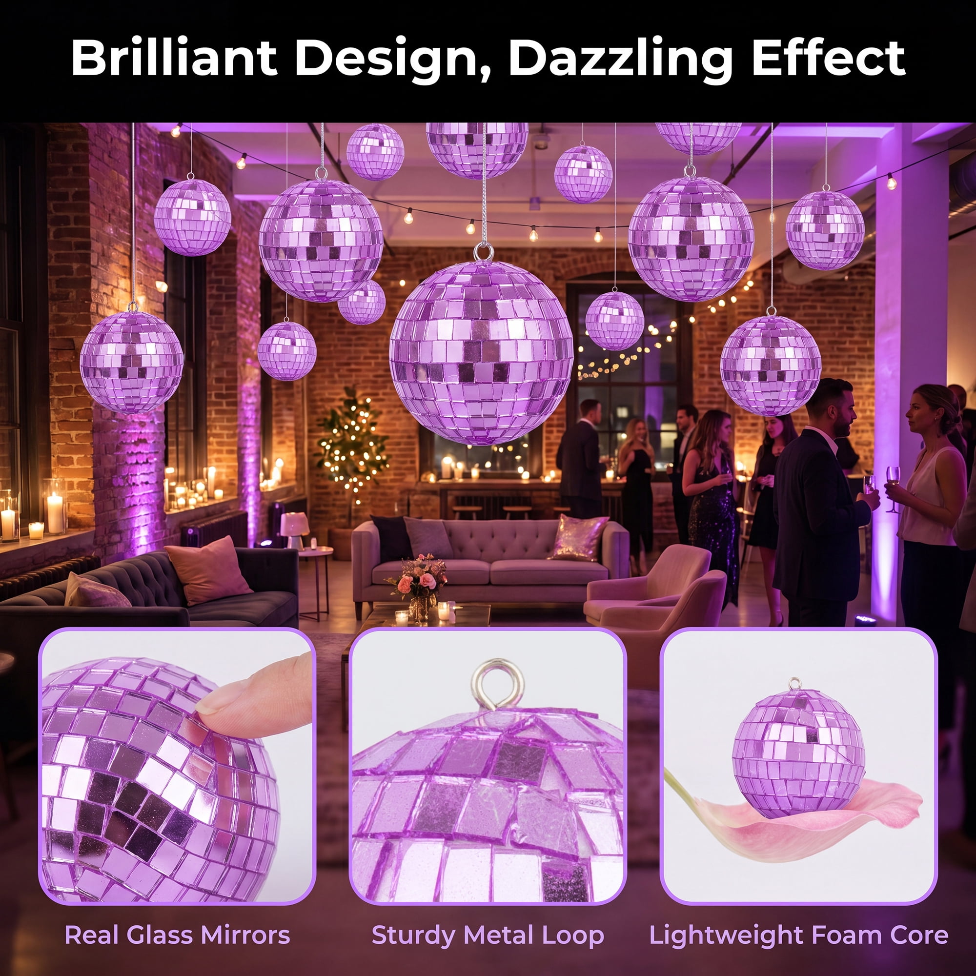 Unique Bargains 10Pcs Mirror Disco Balls for Hanging Sphere Orbs Purple 1.2"x1.2"x1.2"