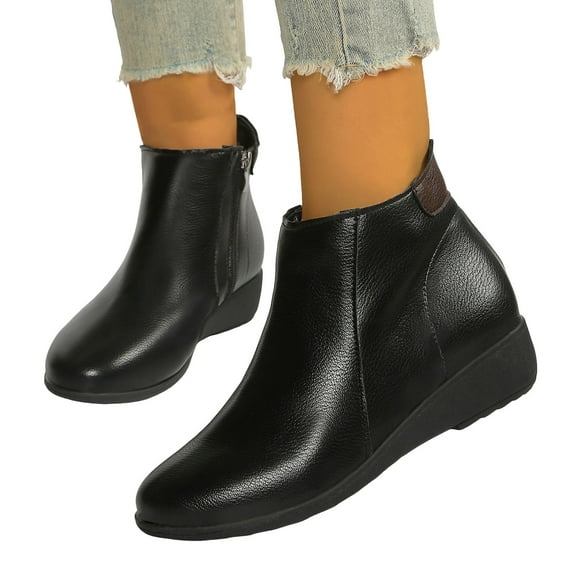 Vintage Leather Chelsea Boots Women Low Wedge Heel Zipper Booties Casual Nonslip Winter Warm Ankle Boots