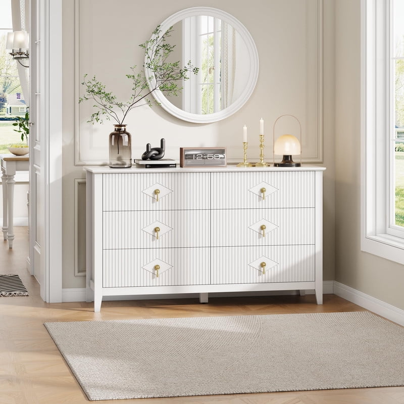 TROPOW Fluted 6 Drawers Dresser for Bedroom, 54" Wide Modern Chest of Drawers with Metal Handle, Wooden Dresser Organizer for Bedroom, Living Room, Hallway, Entryway