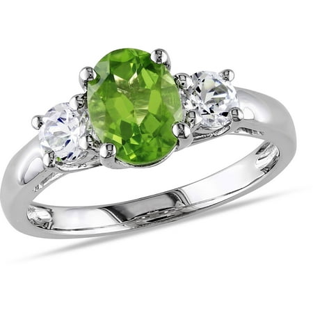 1-7/8 Carat T.G.W. Oval and Round-Cut Peridot and Created White Sapphire Sterling Silver 3-Stone Ring