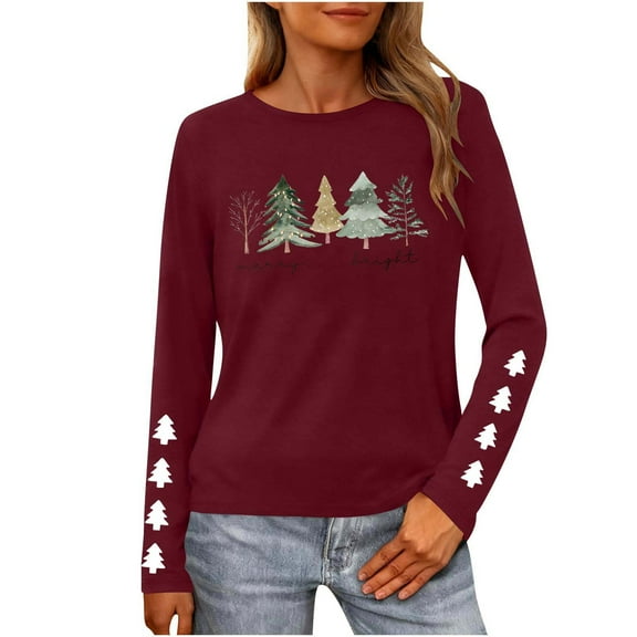 Christmas Tree Shirt Women Christmas Embroidered Trees Long Sleeve Shirts Gift Xmas Graphic Tee Tops