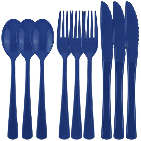 Kochorie 300 Pieces Dark Blue Plastic Silverware, Heavy Duty Disposable Utensils with Forks Spoons Knives, Cutlery for Graduation Wedding Party