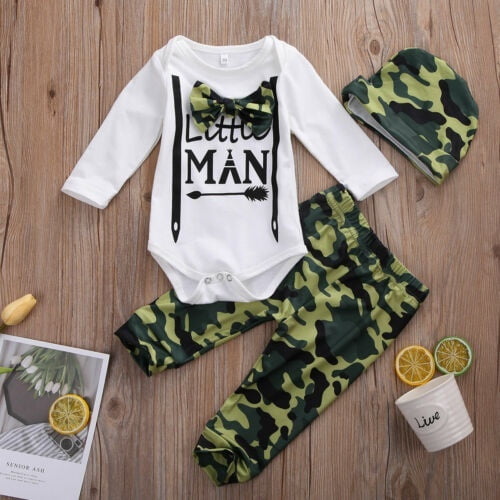 Infant Baby Boys Long Sleeve Bodysuit+Camouflage Pants+Hat 3Pcs Outfits Set NEW