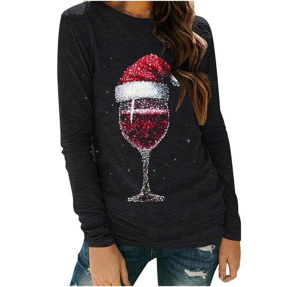 Dreluolixuan Fall Crewneck Sweatshirt Cute Xmas Long Sleeve Red Wine Glass Print Basic Blouses Crew Neck Pullover Business Family Tee Tops