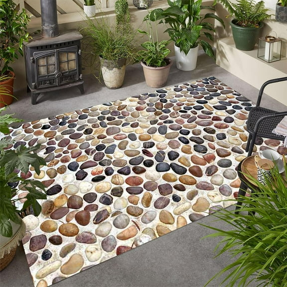 2'x3' Outdoor Rug Modern Farmhouse Washable Area Rug for Patio Deck Balcony Backyard Deck Beach Theme Carpet 3D Illusion Stone Pattern Garden Swimming Pool Waterproof Floor Rugs Black