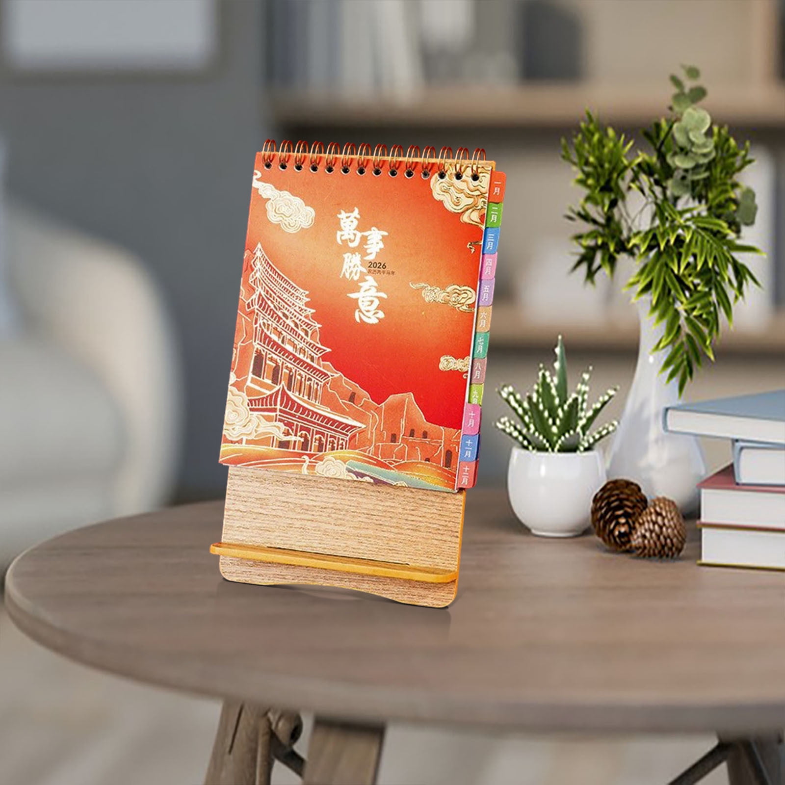 Weloille 2026 Wooden Desk Calendar, Festive Red Paper Office Desktop Mini Calendar with Holiday Markings and Solar Terms