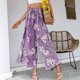 thumbnail image 3 of Pantalones largos de mujer Pantalones anchos de cintura alta Pantalones con nudo de corbata divididos en el muslo Pantalones casuales de verano Estampado floral morado L, 3 of 6