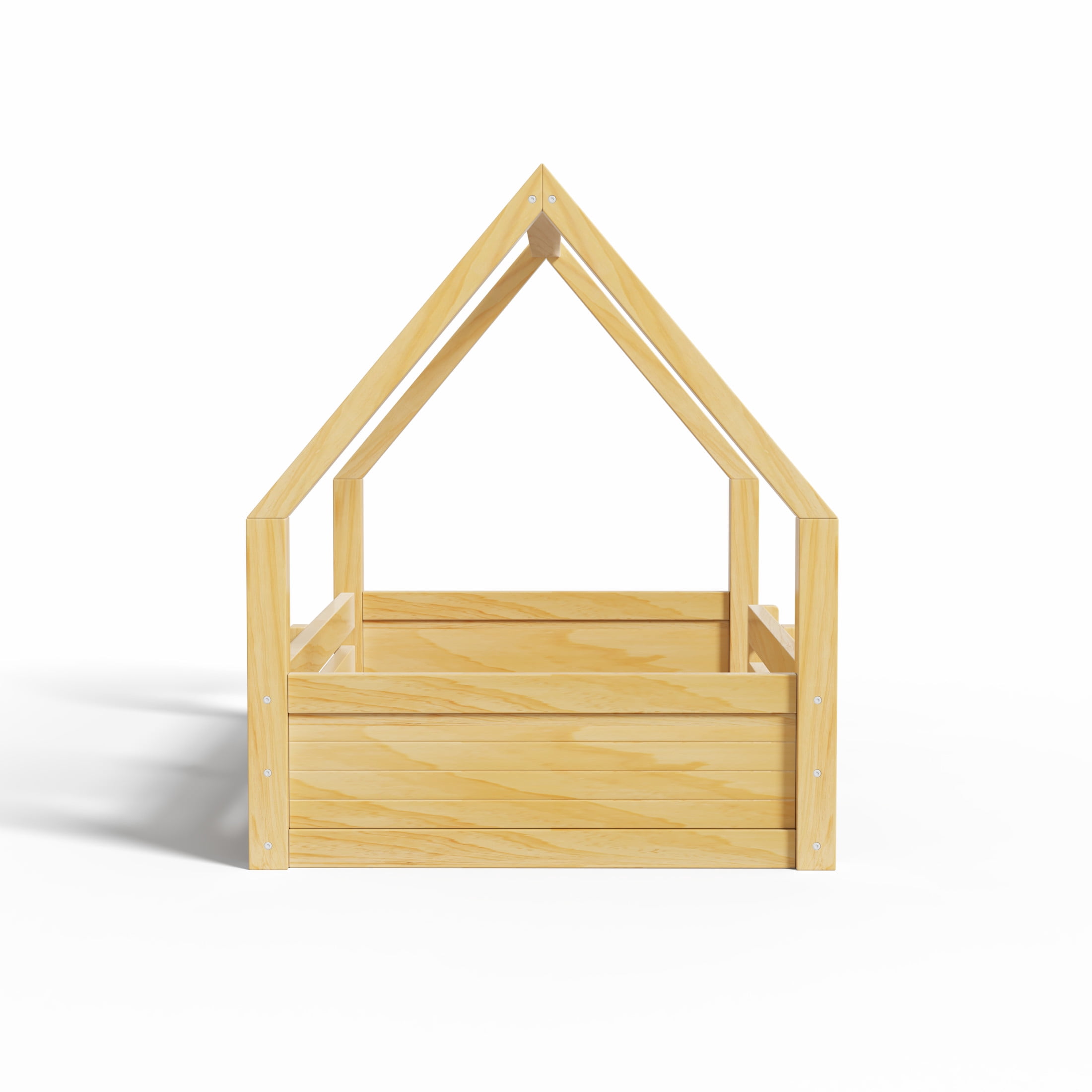 Noble House Salma Twin Size House Floor Wooden Bed with Roof Frame & Grooved Panels, Safety Guardrails, Natural