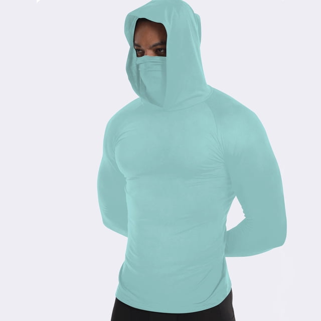 Xdegoge Hooded Shirt for Men Long Sleeve Quick Dry Sun Protection Rash Guard with Built In Face Mask Compression Slim Fit Workout Top Breathable Lightweight Gym Running