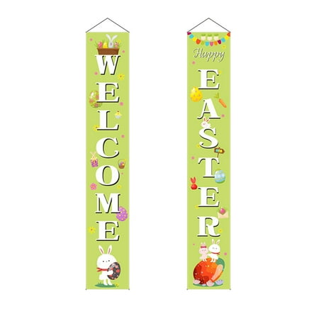 

Wiueurtly Swinging Pig Green Rabbit Easter Front Door Welcome Sign Flag Curtains Panel Decoration Wall Porch Garden Hanging