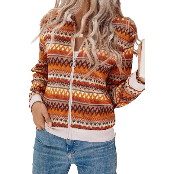 Women's Orange Boho Striped Zip Up Long Sleeve Jacket - Stylish and Versatile Outerwear - [ZhiHiMeRi] | (US 12-14)L