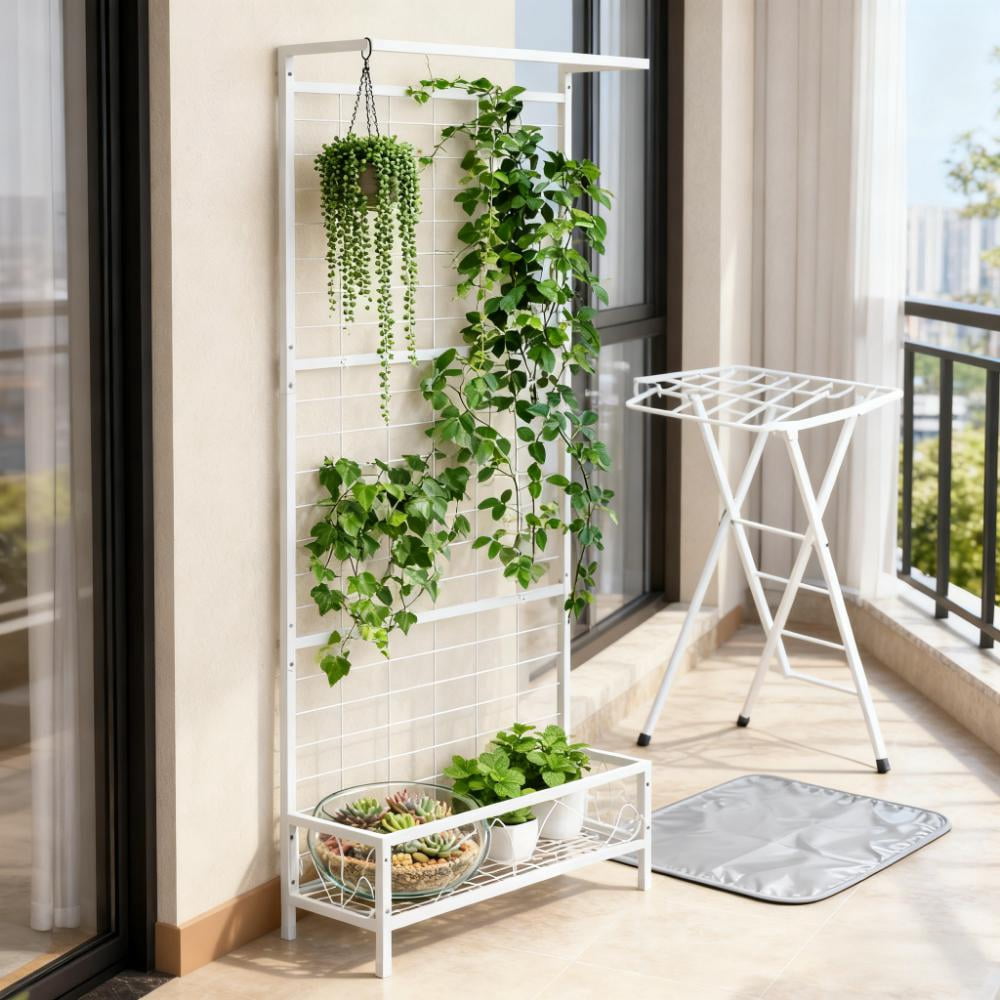 Plant Holder, Metal Tall Plant Stand with Trellis and Hanging Bar, for Indoor Outdoor Use