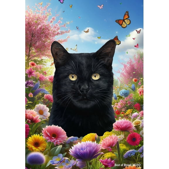 Shorthair Black Cat - Best of Breed Spring Butterfly Outdoor Garden Flag 12" x 17" Mailbox Flag