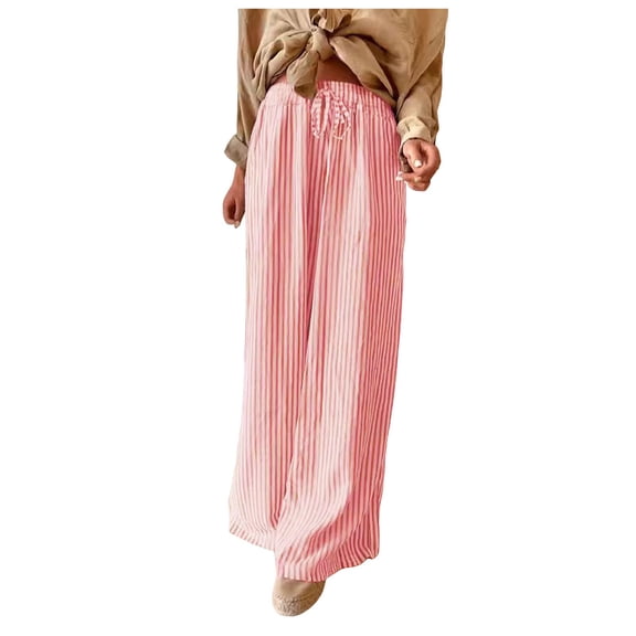 felwors Women Casual Drawstring Elastic Waist Striped Wide Leg Pants with Pockets Red, XL