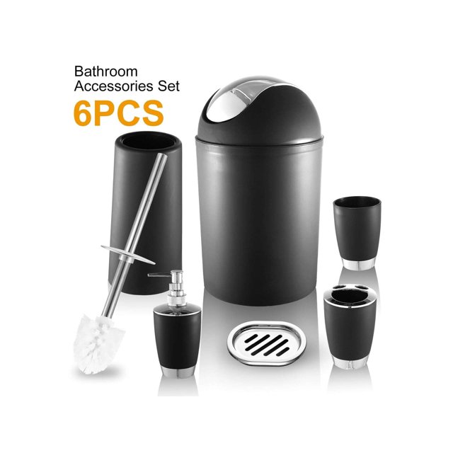 Bathroom Accessories Set 6 Pieces Plastic Bathroom Accessories Toothbrush Holder Rinse Cup Soap Dish Hand Sanitizer Bottle Waste Bin Toilet Brush with