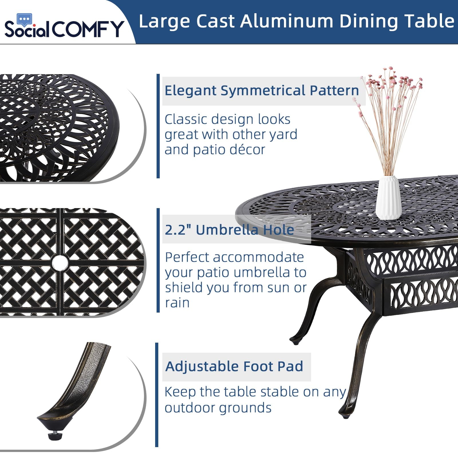 9-Piece Patio Cast Aluminum Dining Set, Outdoor Dining Furniture Set for 8 Person, Includes 84" Oval Table and 8 Cushioned Chairs with Umbrella Hole for Patio Deck Garden, Navy Blue