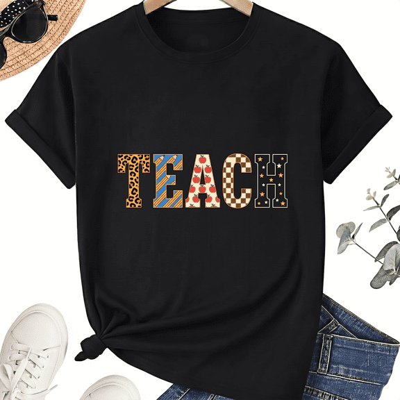 Patchwork Teach Teacher T-Shirt for Women, 100% Cotton Crew Neck Short Sleeve Shirt, Colorful Letter Graphic
