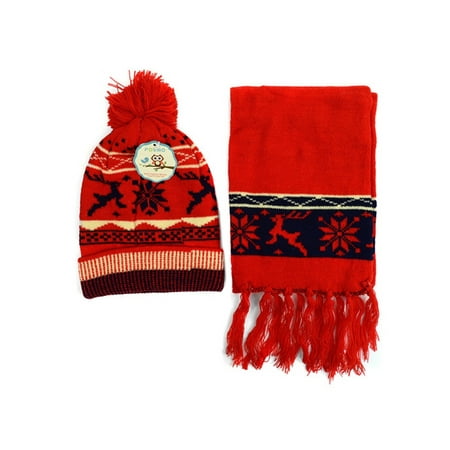 - Kids Boys Girls Snowflake Reindeer Pom Beanie Hat and Scarf Set