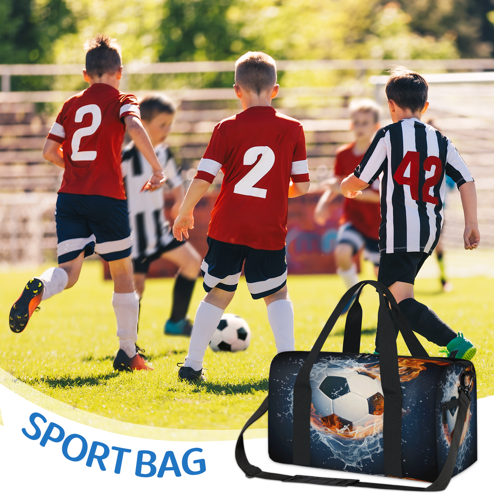 Herdesigns Soccer Ball On Fire And Water Travel Duffle Bag Sports Yoga Weekender Overnight Carry on Workout Bags Lightweight Waterproof Gym Tote Bag for Women