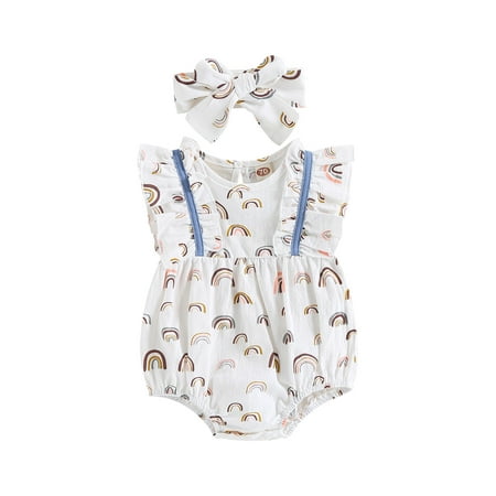

Infant Baby Girl Bubble Romper Bodysuit Cute Rainbow Floral Print Ruffle Romper+Headband One Piece Summer Clothes (Rainbow White 3-6 Months)
