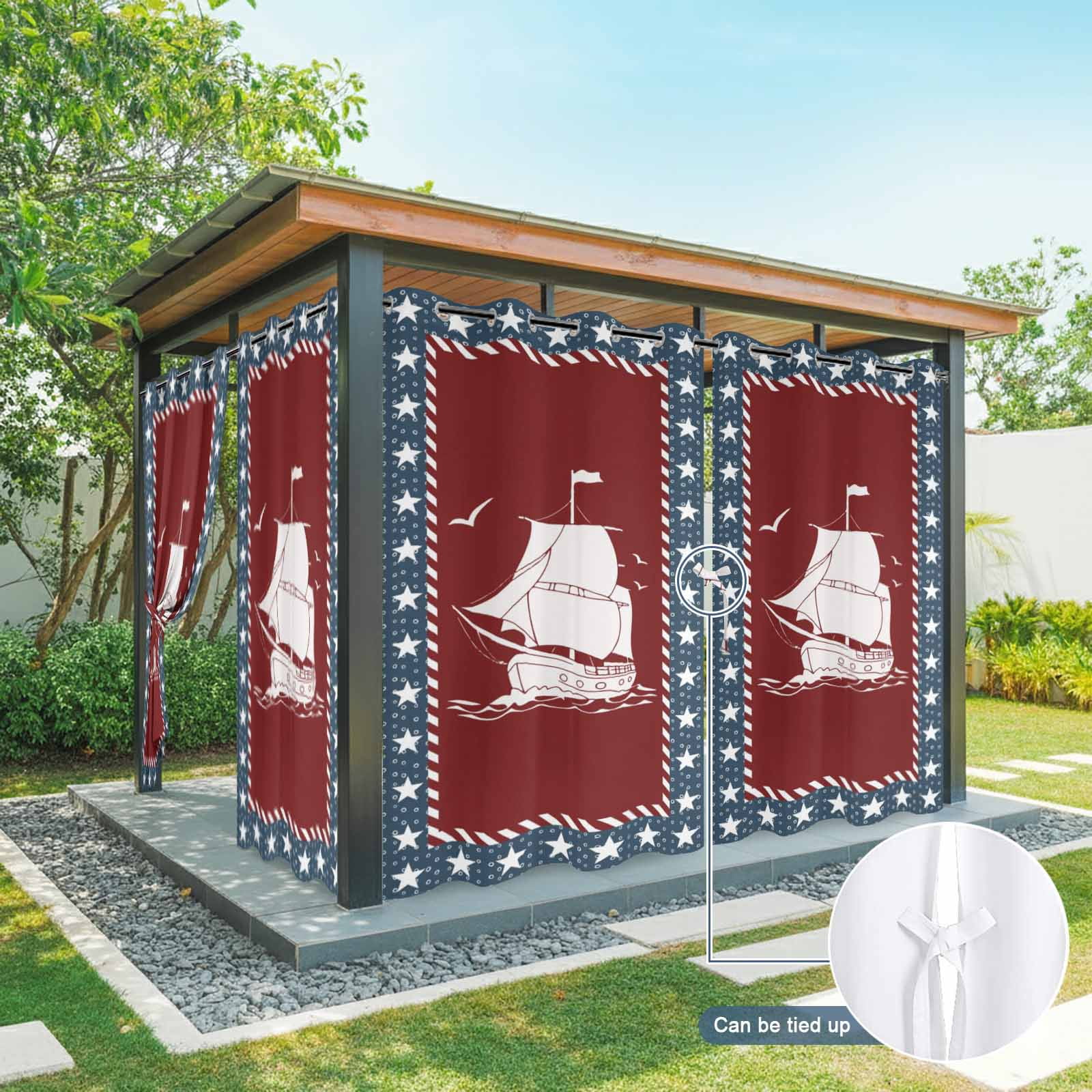 Independence Day Outdoor Curtains for Patio, America Flag Star Ocean Coastal Seaships Seagull Sunshade Privacy Drapes Grommet Waterproof Outside Curtains for Porch/Cabana/Balcony 54"x 108", 1 Panel