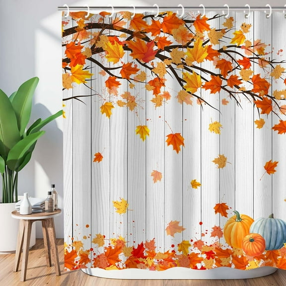Jbralid Fall Autumn Farmhouse Shower Curtain Fallen Maple Leaves Pumpkin Waterproof Polyester Shower Curtain 72"×72" with 12 Hooks for Bathtubs Bathroom