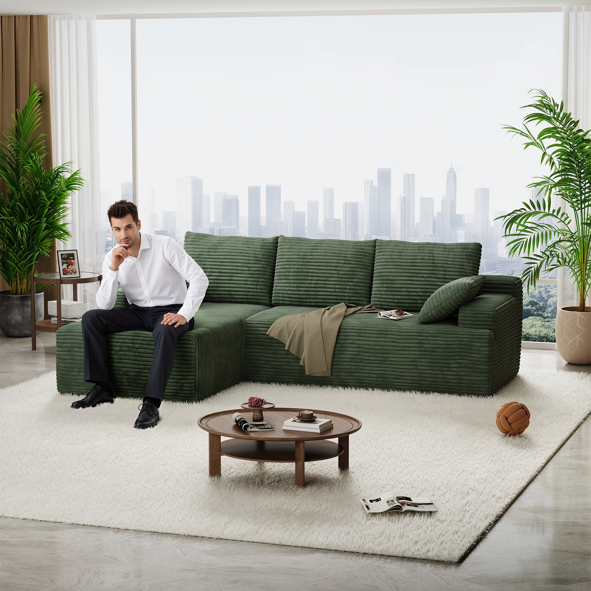 104" Cloud Sectional Couch with L-Shape Chaise, Modern Modular Sofa with Deep Seat, Upholstered Couches with Back Cushion for Living Room Bedroom, No Assembly Required, Green (Corduroy Fabric)