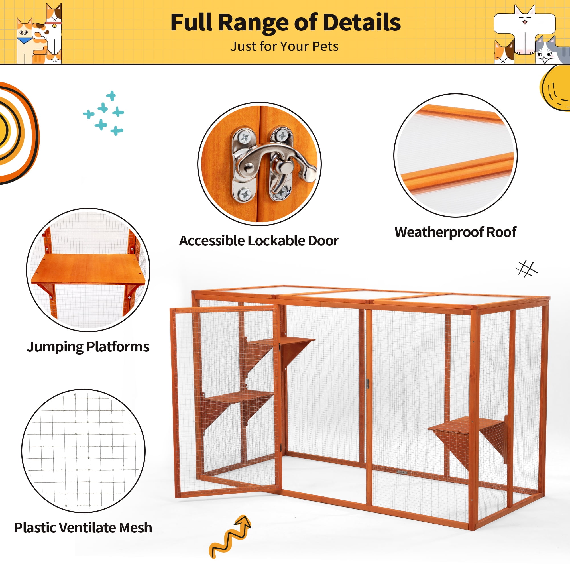 COZIWOW Outdoor Cat House, Wood Cat Catio with Platforms, Lockable Enter Door, Sunshine Panel, Cat Patio Cage Enclosure for Backyard Garden, Orange