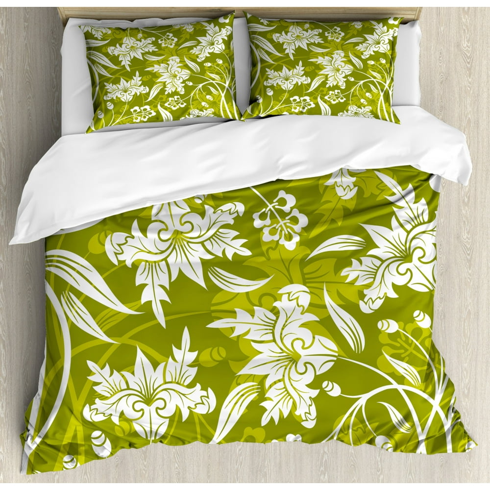Floral Duvet Cover Set Queen Size, Flourishing Flower Pattern on Green Background Nature