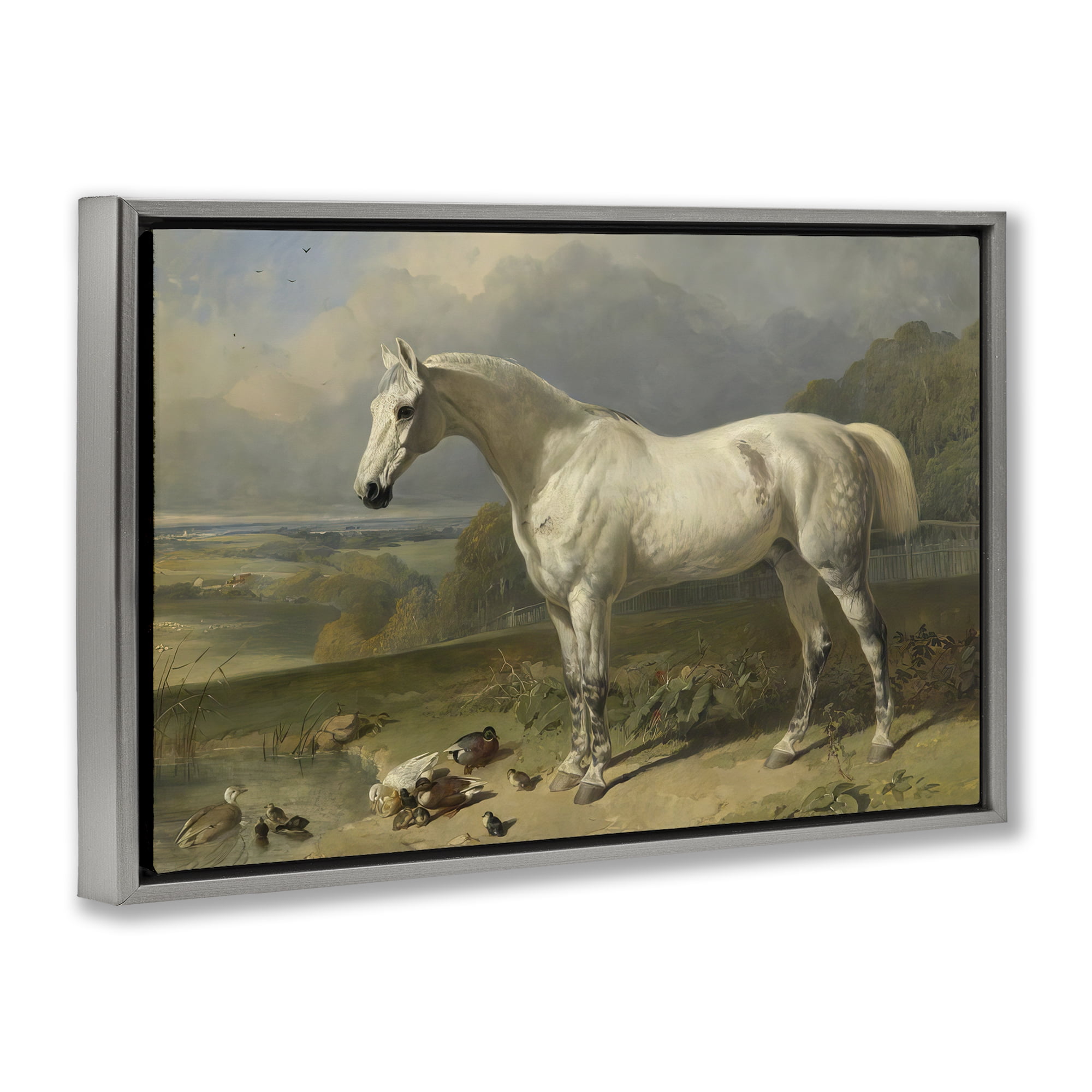 Stupell Industries Grey Horse And Ducks In Landscape Gray Framed Floater Canvas Wall Art, design by Tina LeCour