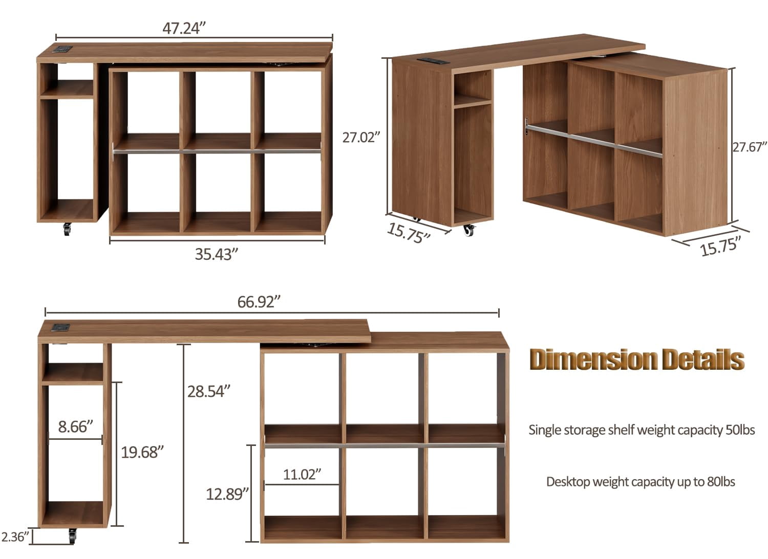 BOSHIRO 360° Rotating L-Shaped Computer Desk with Storage Shelves, Adjustable Swivel Arm Writing Table for Home Office or Bedroom, Rustic Brown Finish