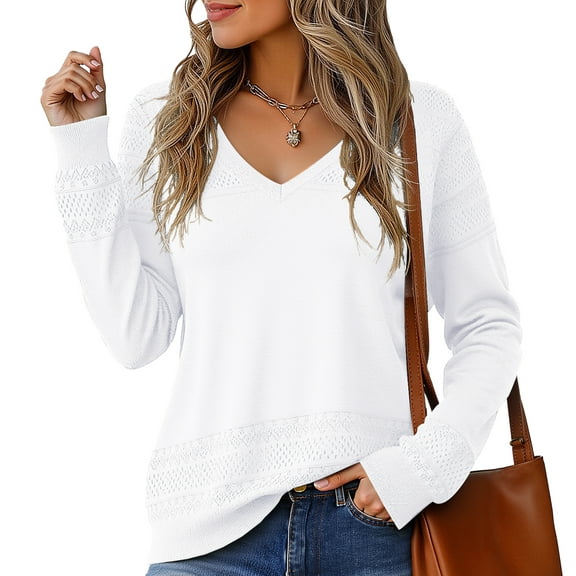 Asklazy Women's V Neck Sweaters Fall Long Sleeve Crochet Knit Casual Pullover Jumper Tops,White,(S-2XL)
