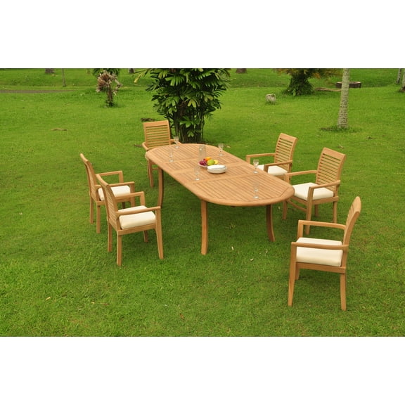 Grade-A Teak Dining Set: 6 Seater 7 Pc: 118" Double Extension Oval Table And 6 Mas Stacking Arm Chairs Outdoor Patio WholesaleTeak #WMDSMS29