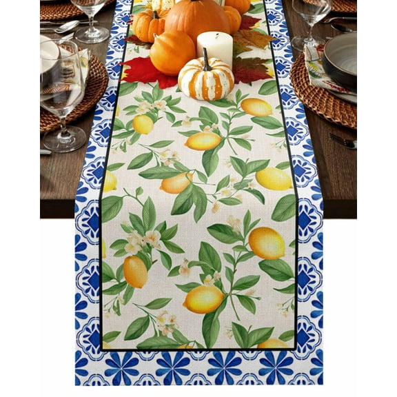 Lemon Table Runner-Cotton Linen- 72 Inch Holiday Dresser Scarves, Tropical Summer Fruit Blue Boho Flower Plant Tablerunner for Kitchen Coffee/Dining Bedroom Home Living Room Dinner Scarf Décor 14x72
