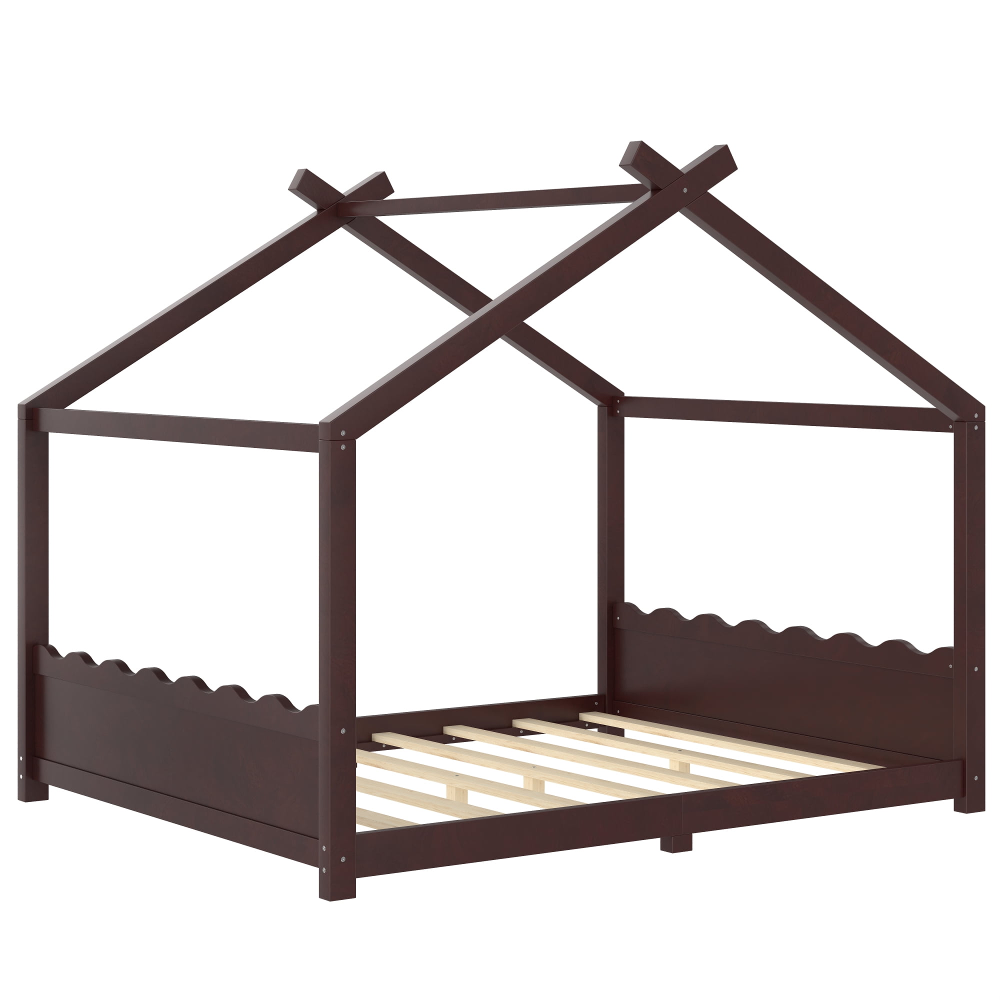 Leumius Queen Size House Shape Bed,Montessori House Bed Solid Wood Floor Bed for Kids,No Box Spring Needed,Espresso