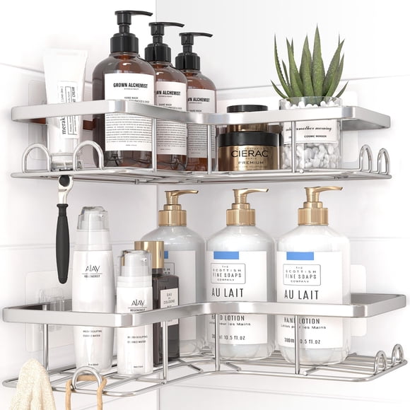 Sakugi Corner Shower Caddy - 2 Pack, Adhesive Shower Organizers, Rustproof Stainless Steel Shower Shelves with 8 Hooks, No Drilling Bathroom Organize