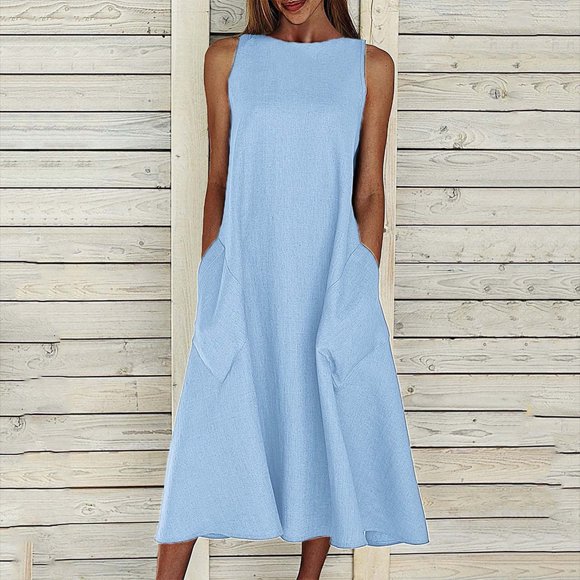 HKEJIAOI Robes Décontractées pour Femmes Offres Liquidation Cadeau de la Saint-Valentin Mode Femmes Uni Confortable Été Col Rond Dames Poches Robe Sans Manches Bleu