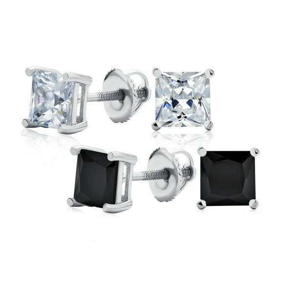 Bling Jewelry Mens Set of 2 Black Clear Square 0.75CT CZ Stud Earrings Sterling Silver 6MM