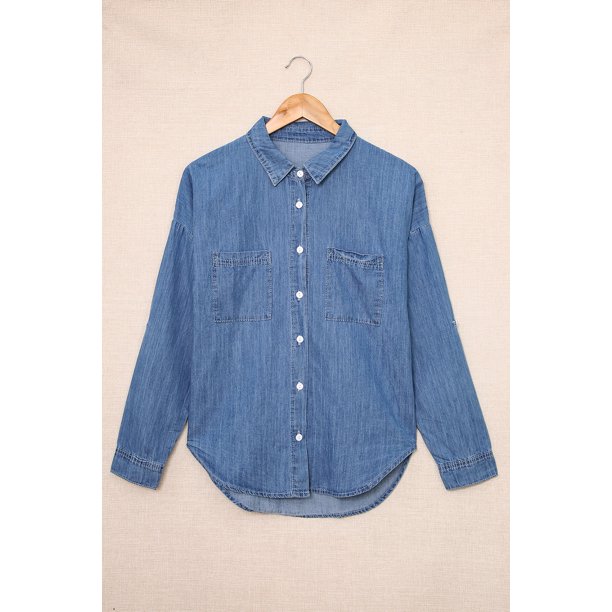 ABPHQTO Camisa vaquera de manga larga con botones y cuello vuelto para mujer