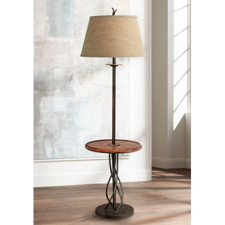 - Franklin Iron Works Rustic Floor Lamp with Table Wood Twisted Iron Base Linen Empire Shade for Living Room Reading Bedroom